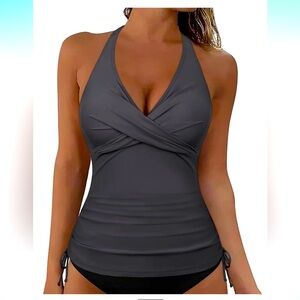 HiLOR Dark Gray Halter Top Tankini w/ Rouching NWT
